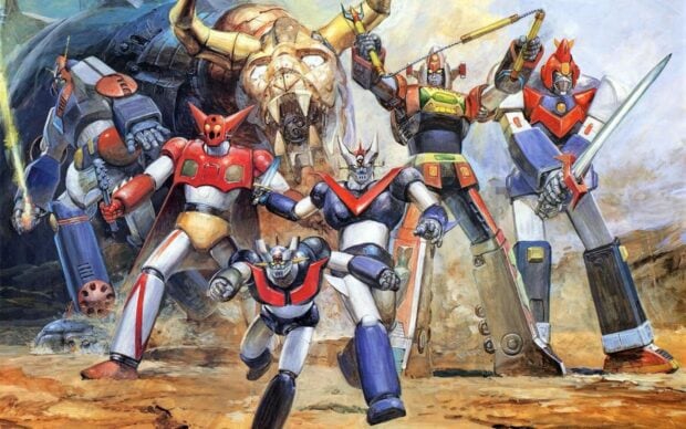 A group of Mazinger Z robots standing ready for battle in a detailed action scene