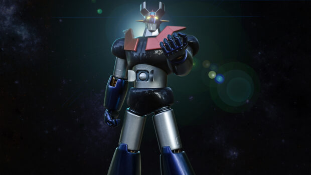 Mazinger Z robot standing in space with glowing eyes and raised fist