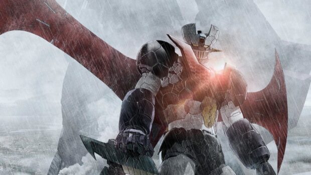 Mazinger Z robot standing in the rain with outstretched wings and glowing chest