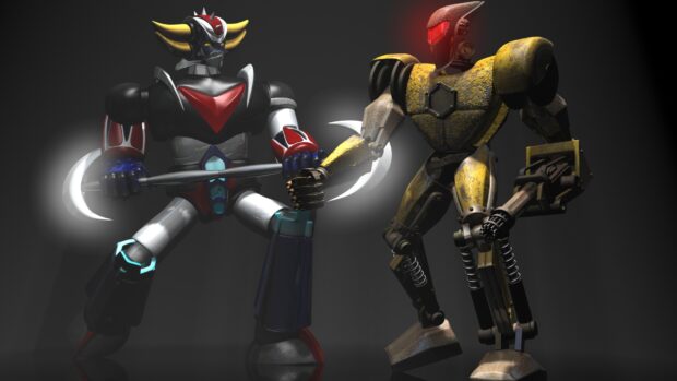 Mazinger Z robot standing with a mechanical opponent in a dark setting