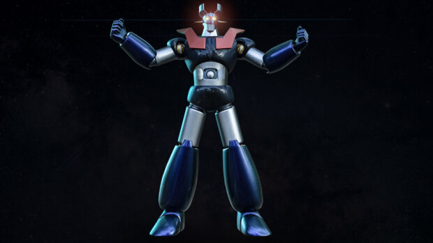 Mazinger Z robot standing with arms raised against a dark background