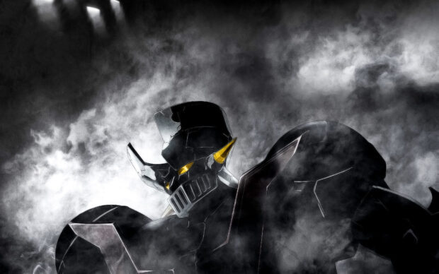 Mazinger Z robot with glowing yellow eyes surrounded by smoke and dark clouds