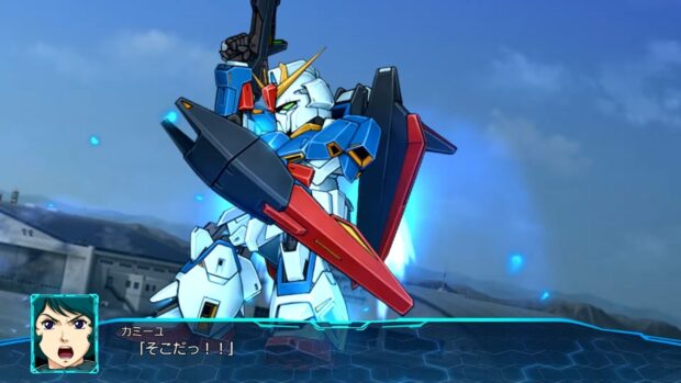 A powerful robot with blue and red armor aiming a large weapon in a futuristic battle scene