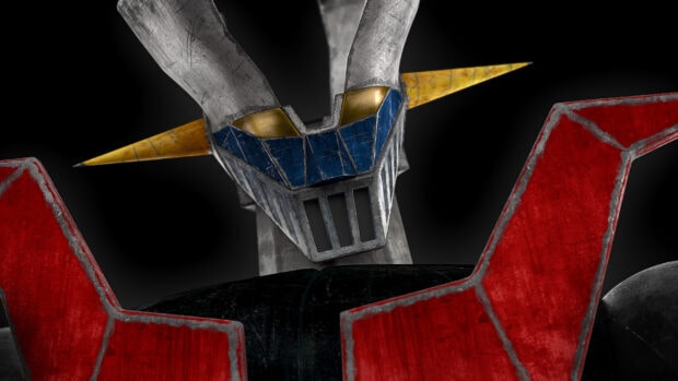 Close up of Mazinger Z robot face with blue and gold details