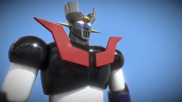 Mazinger Z robot figure with red chest plate and blue background