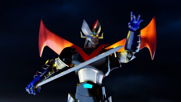 Mazinger Z robot holding a sword and raising hand with glowing red wings