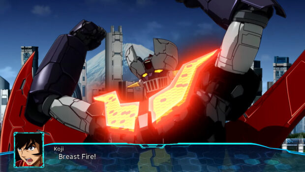 Mazinger Z robot preparing Breast Fire attack with glowing chest in futuristic cityscape
