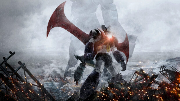 Mazinger Z robot standing in a ruined city during a storm with debris and fire around