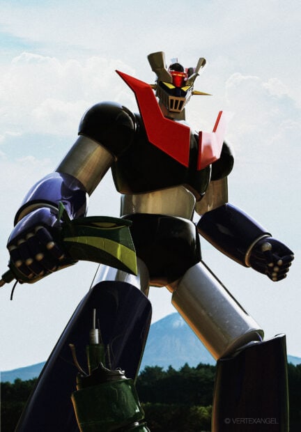 Mazinger Z giant robot stands tall holding a weapon under a cloudy sky
