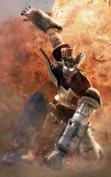 Mazinger Z robot kneeling amid smoke and debris in a dramatic battle scene