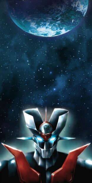 Mazinger Z robot with glowing eyes against a space background with Earth visible above