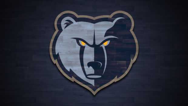 A detailed Memphis Grizzlies logo on a dark wooden texture background
