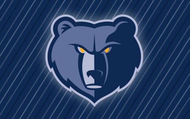 The Memphis Grizzlies logo is displayed on a dark blue striped background