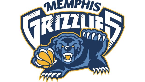 Memphis Grizzlies logo with a fierce bear holding a basketball in blue and yellow colors