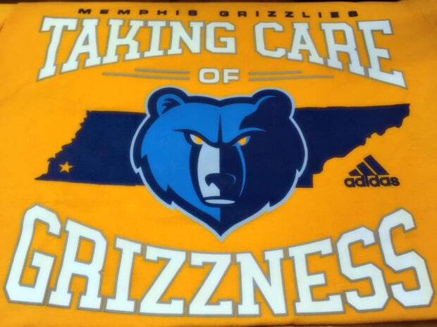 Memphis Grizzlies logo with state outline and text taking care of grizzness