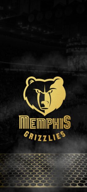 Golden Memphis Grizzlies logo with honeycomb pattern on dark smoky background