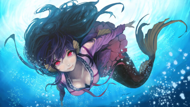 A mermaid with long dark hair and red eyes swimming in deep blue ocean water