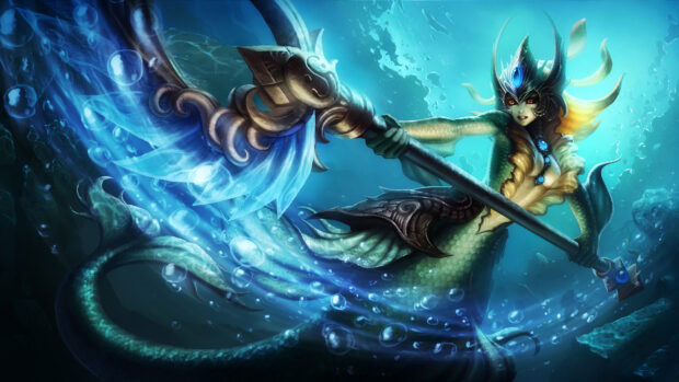 A fierce mermaid holding a mystical trident underwater with glowing blue energy around her tail