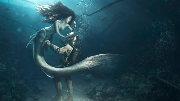 A mermaid gently holding an old diver underwater in a deep ocean scene