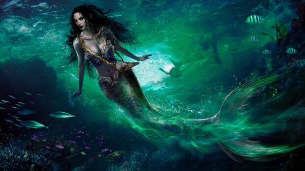A dark mermaid swimming underwater surrounded by colorful fish and ocean life