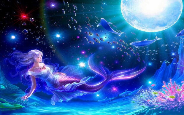 A beautiful mermaid swimming under the moonlight surrounded by colorful sea creatures and coral reefs