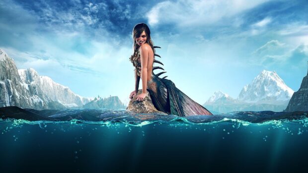 A mermaid with spiked fins resting on a rock in clear ocean water with snowy mountains in the background
