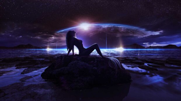 A mystical mermaid resting on a rock under a starry night sky with glowing cosmic lights