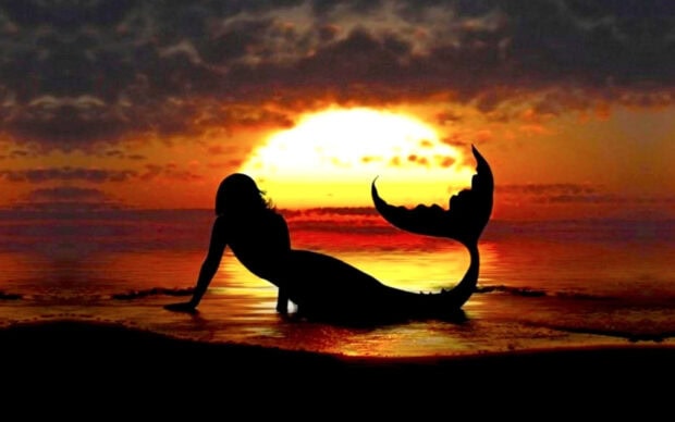 Silhouette of a mermaid resting on the shore during a vibrant sunset