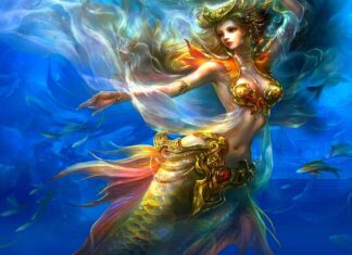 A majestic mermaid with golden armor swimming gracefully in the deep blue sea surrounded by fish