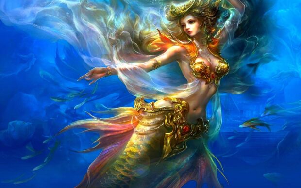 A majestic mermaid with golden armor swimming gracefully in the deep blue sea surrounded by fish
