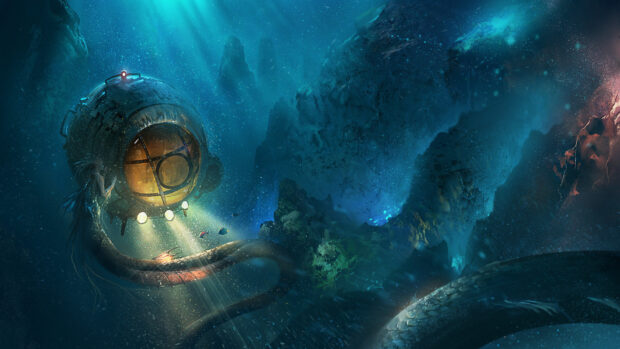 A mermaid exploring the deep sea near an illuminated underwater submarine vessel
