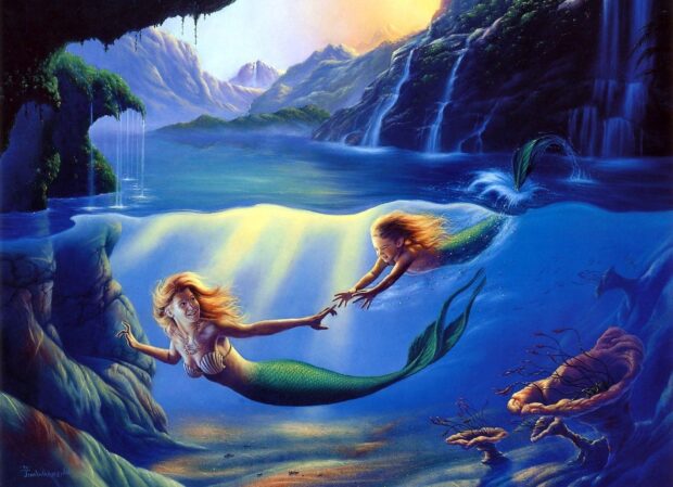 A mermaid reaching out to a young mermaid under the ocean near a rocky waterfall scene