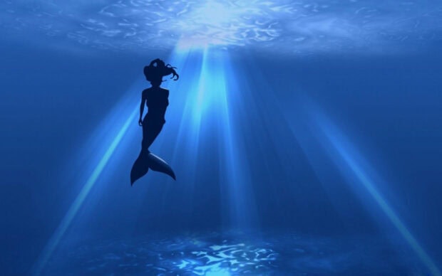 A mermaid silhouette swimming underwater with light rays shining through the ocean surface