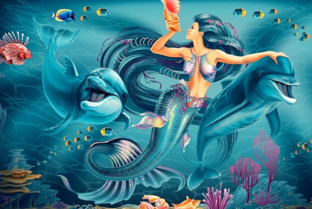 A mermaid surrounded by dolphins and colorful fish underwater holding a seashell to her ear