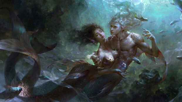 A serene scene of a mermaid and merman embracing underwater surrounded by fish and aquatic life