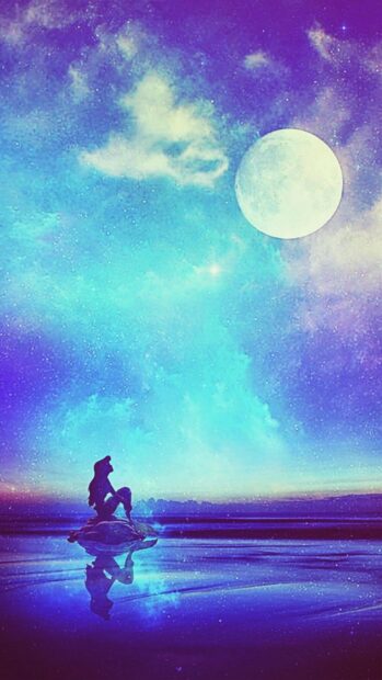 A mermaid sitting on a rock under the bright moon in a starry night sky