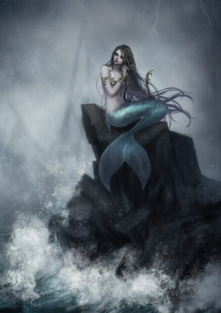A mermaid with long dark hair sitting on a rock amidst crashing waves and stormy weather
