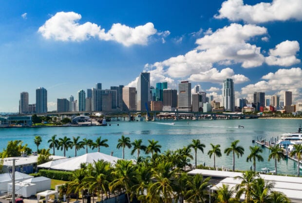 A vibrant view of Miami Beach skyline featuring tall buildings and palm trees under a blue sky
