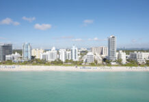 Miami Beach skyline with clear blue sky over high rise buildings and sandy beach