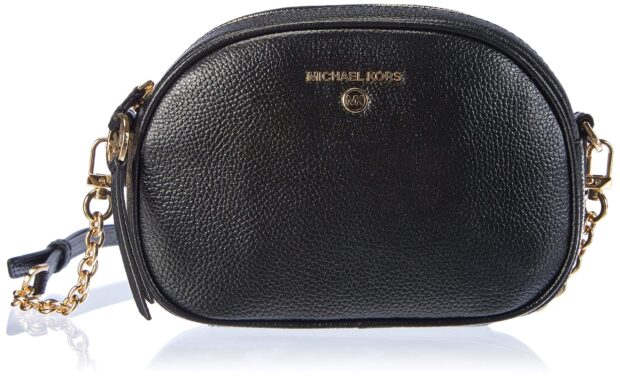 Black leather Michael Kors bag with gold chain details and logo emblem