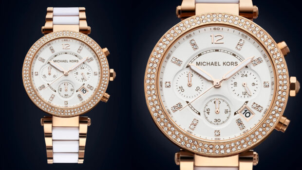 Elegant Michael Kors watch with a diamond studded bezel and white band