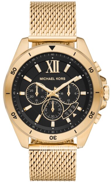 A detailed close up of a Michael Kors wristwatch with a gold mesh band and black dial