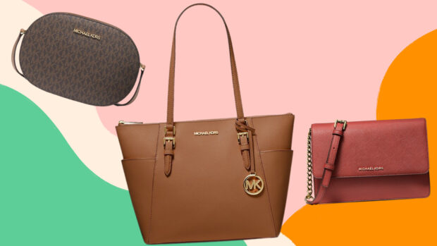 Three Michael Kors handbags in brown and red on a colorful background showcasing Michael Kors designs