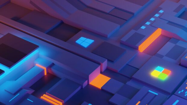 A detailed abstract design featuring the Microsoft logo in a futuristic digital layout with vibrant colors