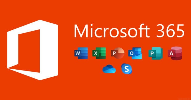 Microsoft 365 logo with application icons on bright orange background