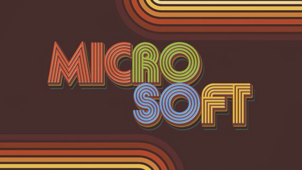 Retro style colorful MICROSOFT text design on a dark background