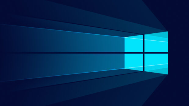 Blue light beams forming a perspective window shape with Microsoft design elements