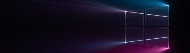 Futuristic abstract design featuring the Microsoft window symbol glowing in a dark space