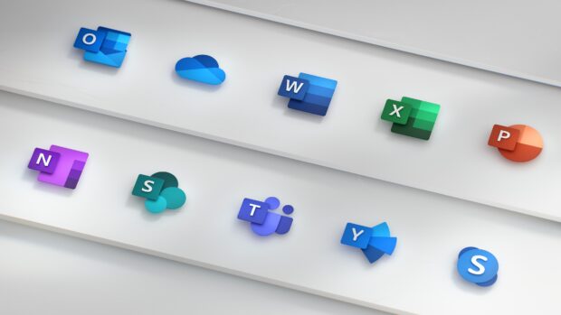 Microsoft application icons are displayed on a white surface in high resolution