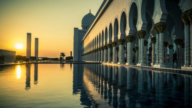 Sunset reflecting on the mosque columns at a Middle East landmark